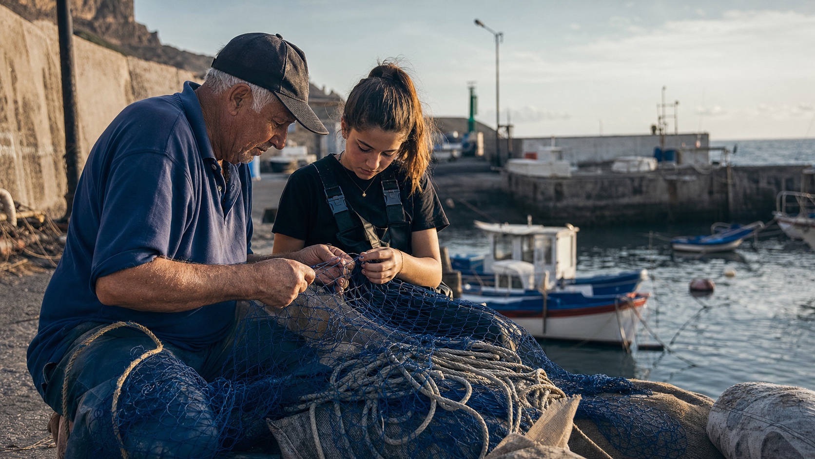 Un pescador enseña su oficio a una joven en un puerto de Tenerife