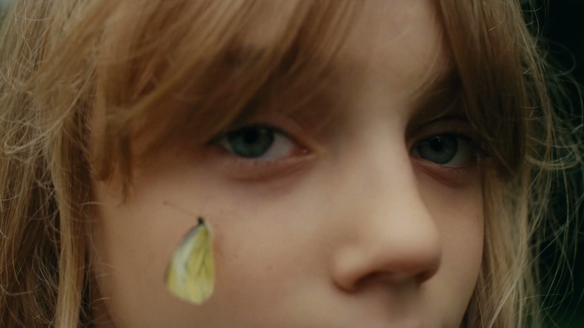 Una niña observa una mariposa posada junto a su rostro