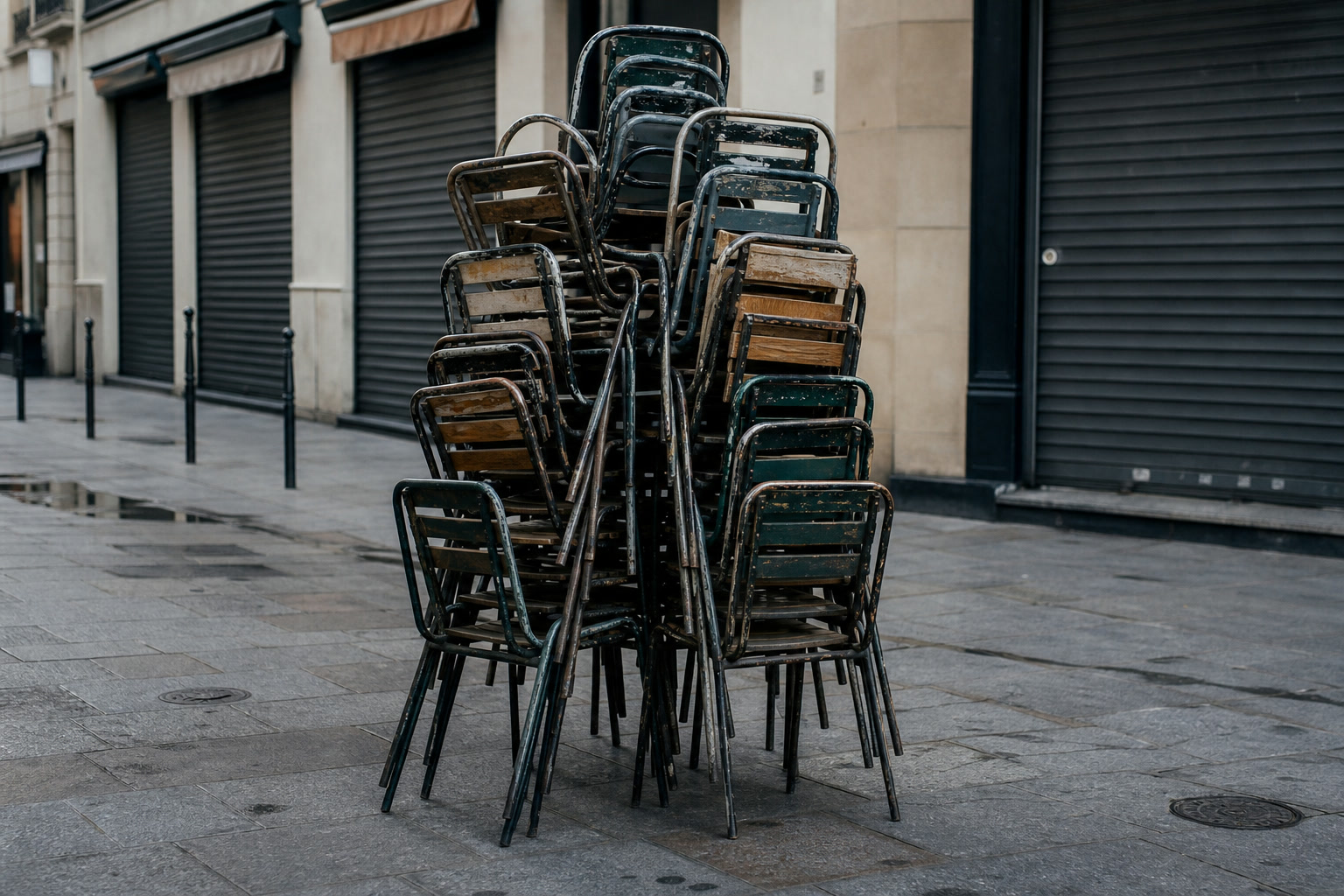 Sillas de café amontonadas antes de empezar el día